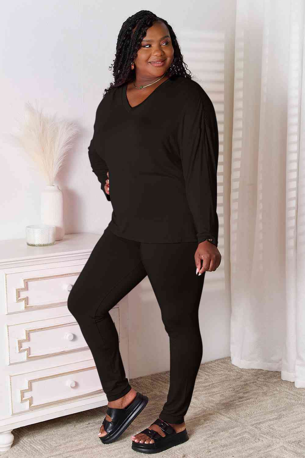 Full Size V-Neck Soft Rayon Long Sleeve Lounge Set