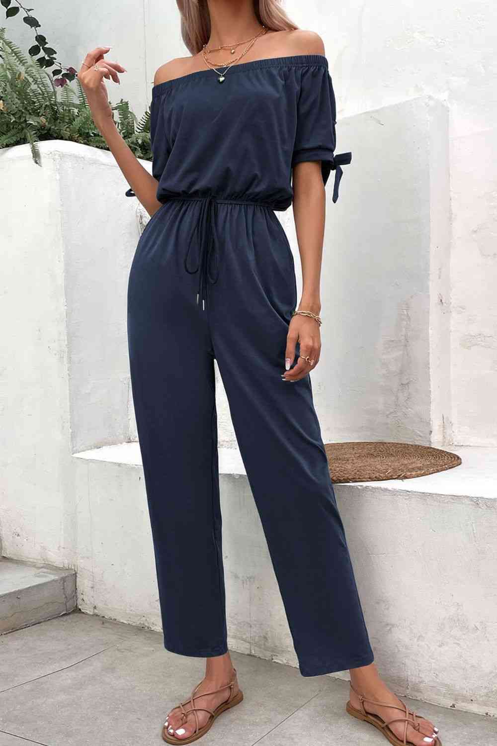 Off-Shoulder Tie Cuff Jumpsuit with Pockets (3 Variants)