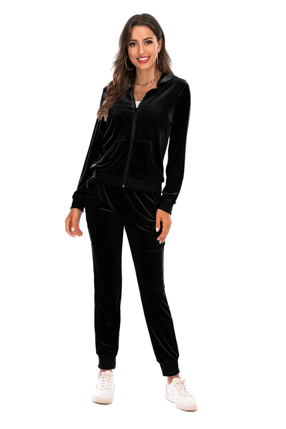 Velour Styled Zip-Up Hoodie and Pants Set