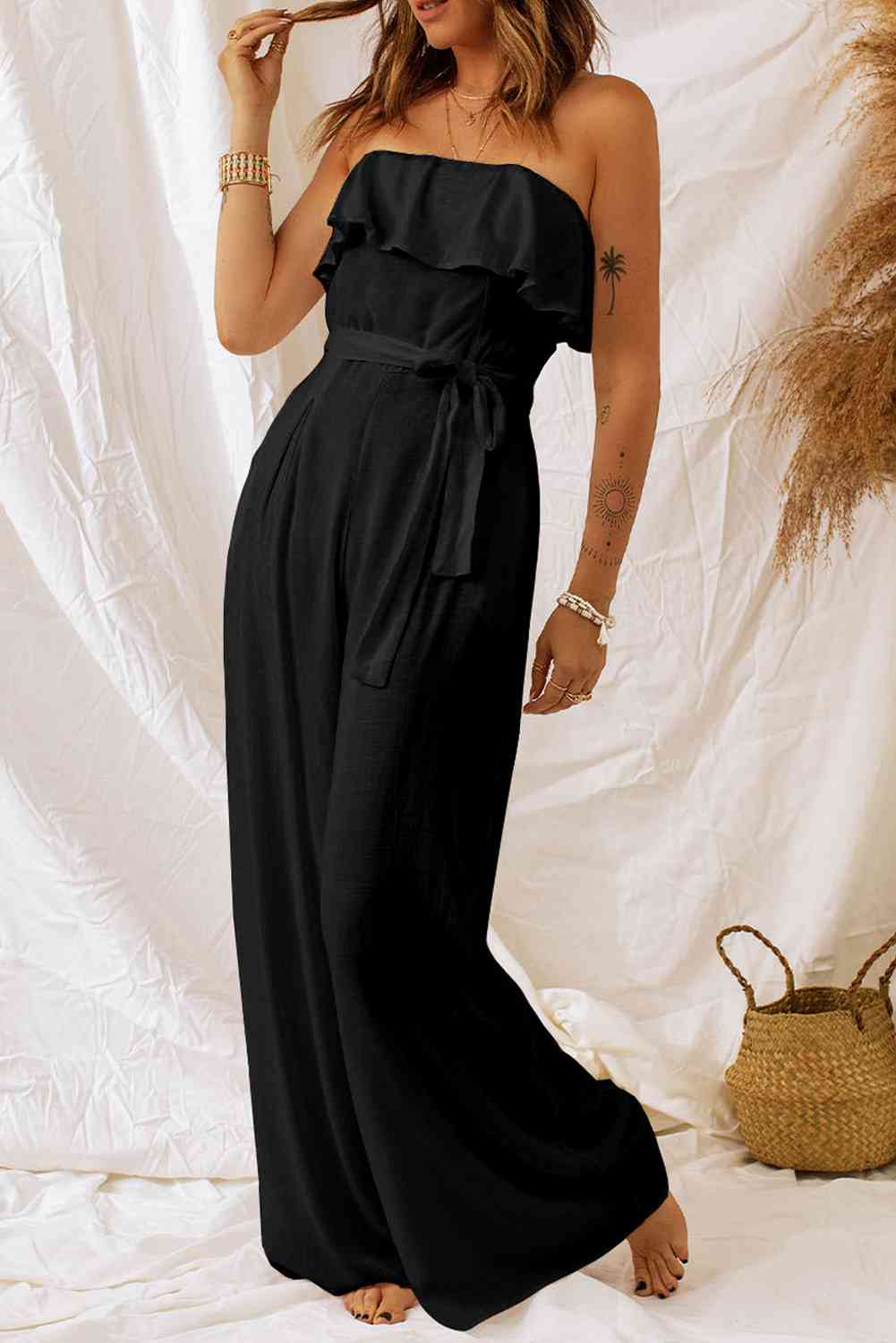 Tie-Waist Ruffled Strapless Wide Leg Jumpsuit (2 Variants)