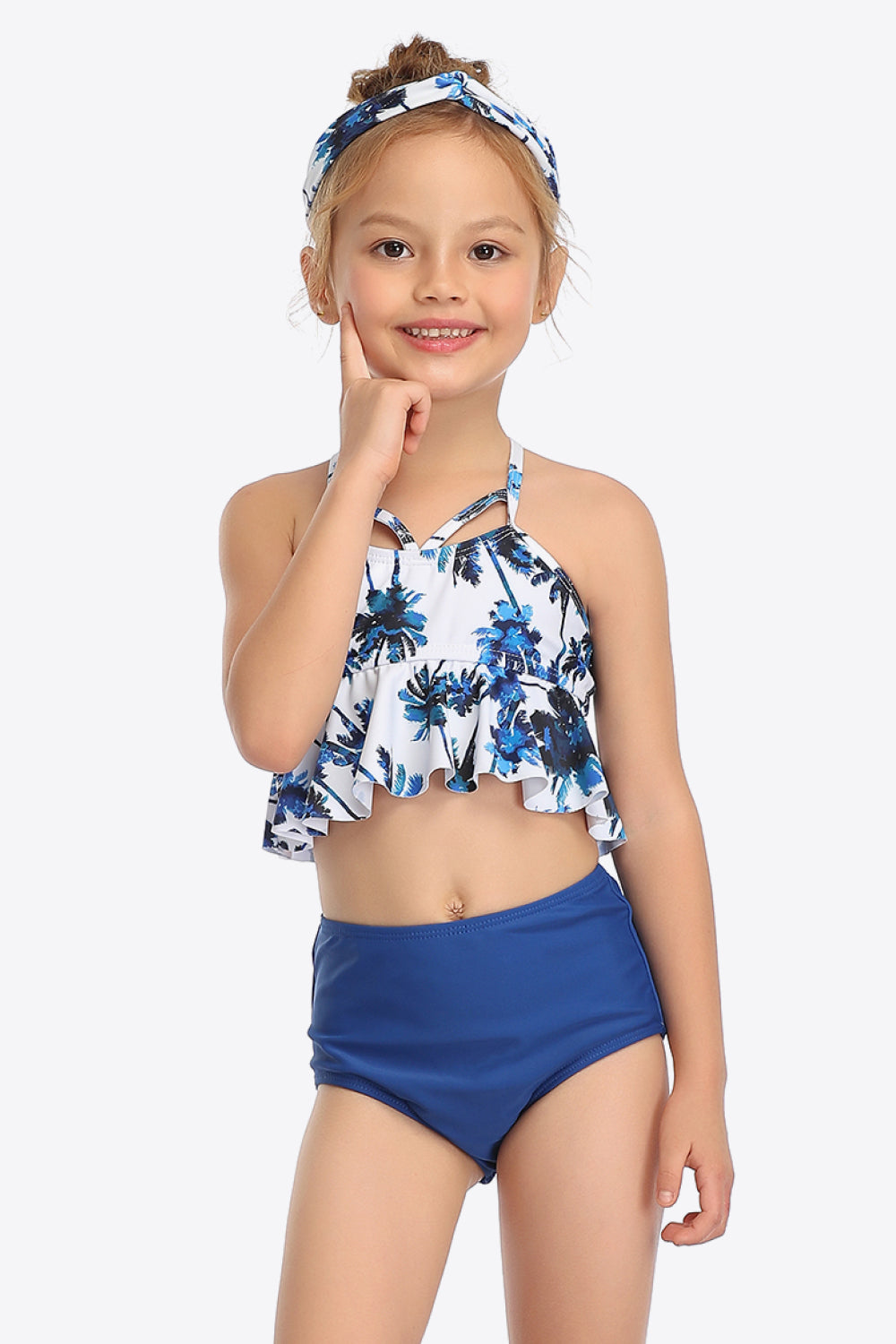 Girls Botanical Print Crisscross Ruffled Two-Piece Swim Set