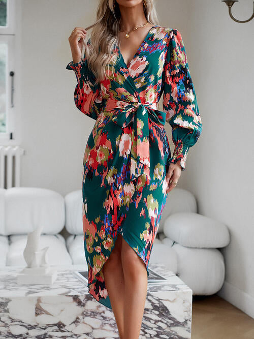 Printed Tie Front Lantern Sleeve Dress