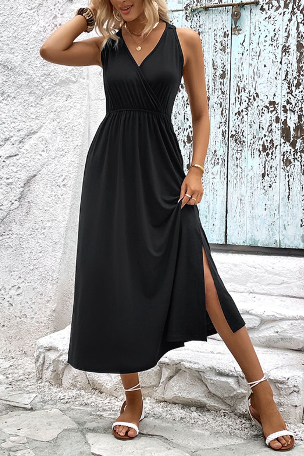 Surplice Neck Slit Sleeveless Dress (2 Variants)