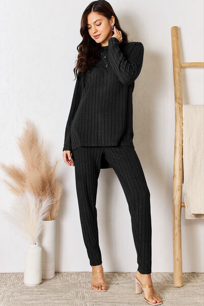 Ribbed High-Low Long Sleeve Top & Pants Set (Regular-Full Sizes)