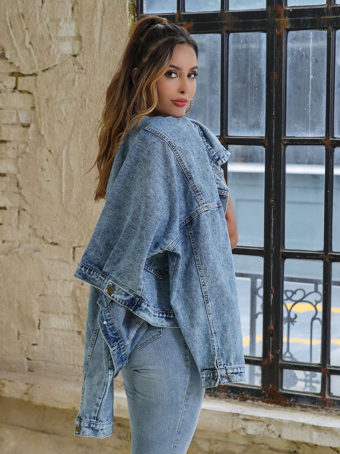 Collared Neck Dropped Shoulder Denim Jacket