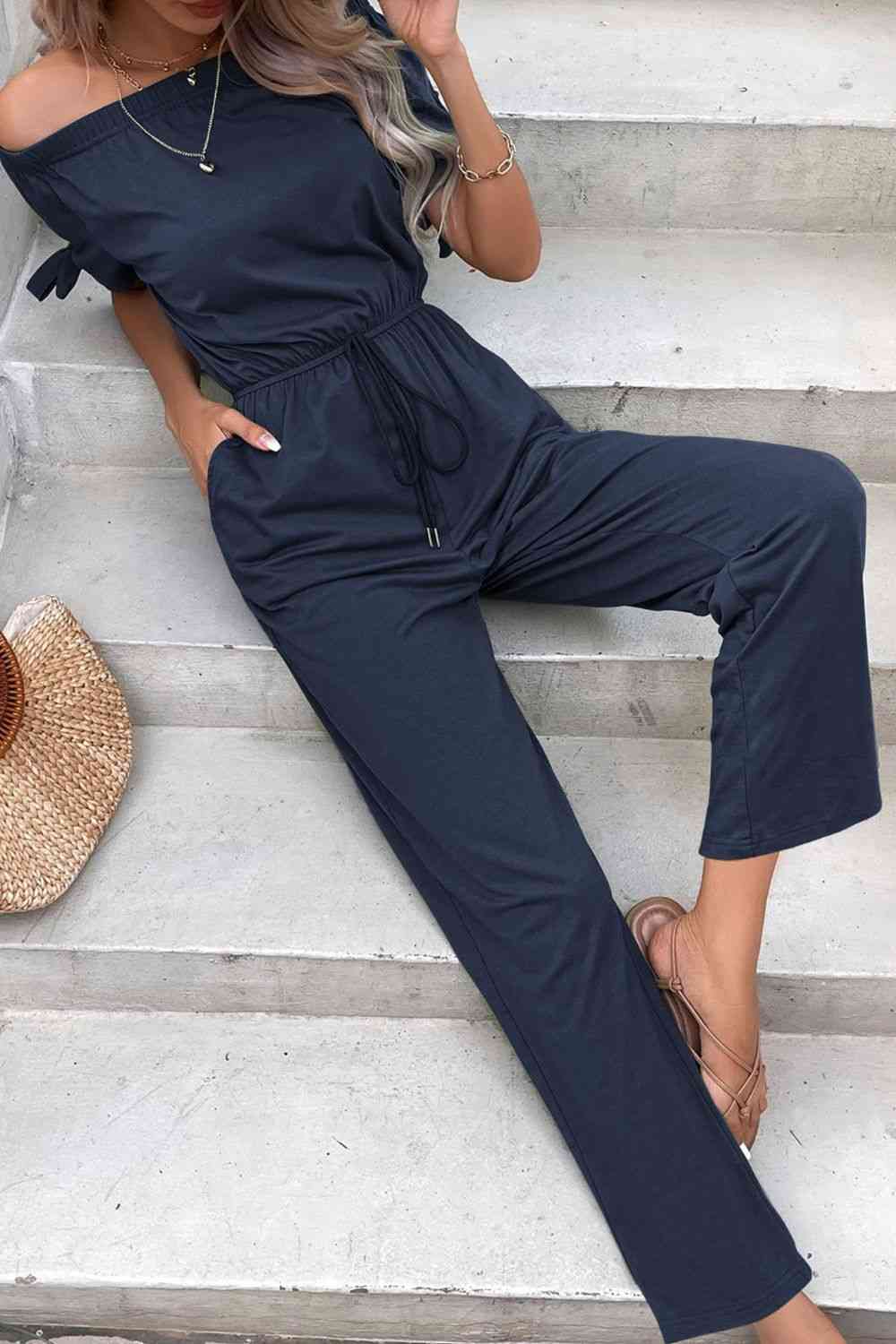 Off-Shoulder Tie Cuff Jumpsuit with Pockets (3 Variants)