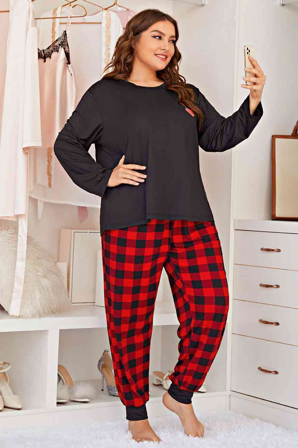 Plus Size Heart Top and Plaid Joggers Lounge Set