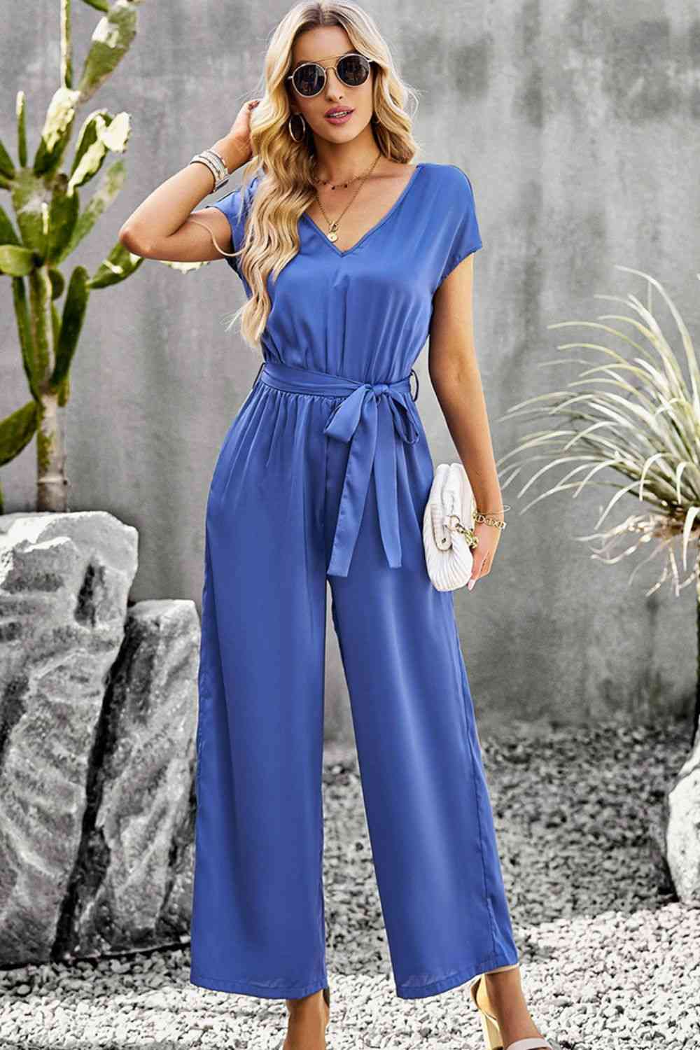 Tie Belt V-Neck Short Sleeve Jumpsuit (3 Variants)