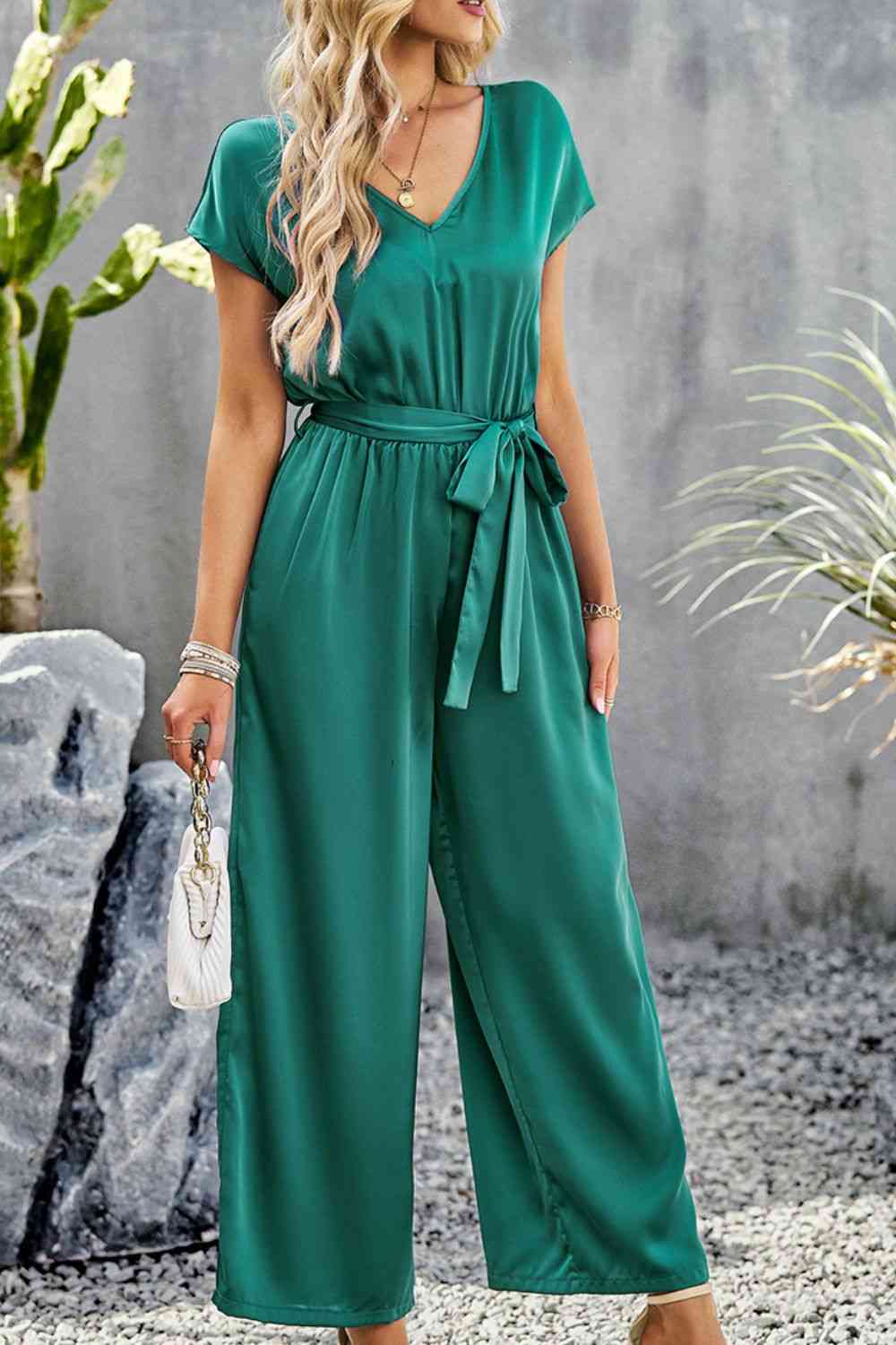 Tie Belt V-Neck Short Sleeve Jumpsuit (3 Variants)