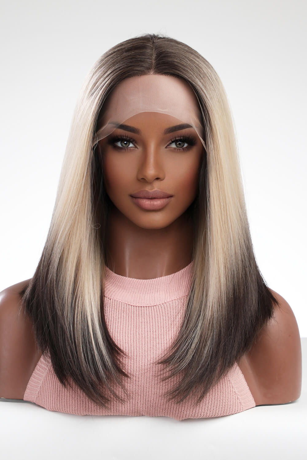 16" Blonde/Brown Ombre Tips/Roots Lace Front Synthetic Wig