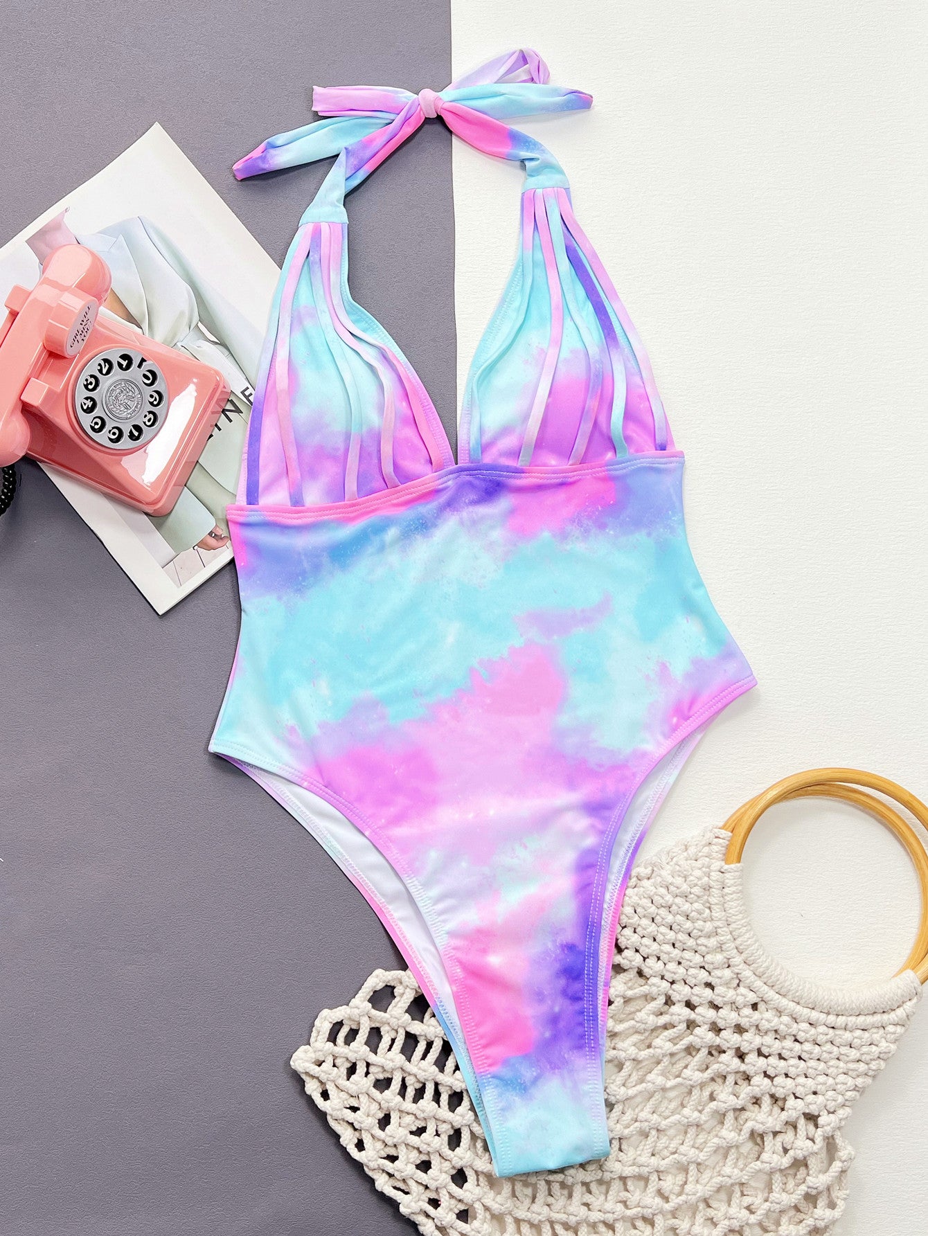 Tropical Sunset Tie-Dye Halter One-Piece Swimsuit