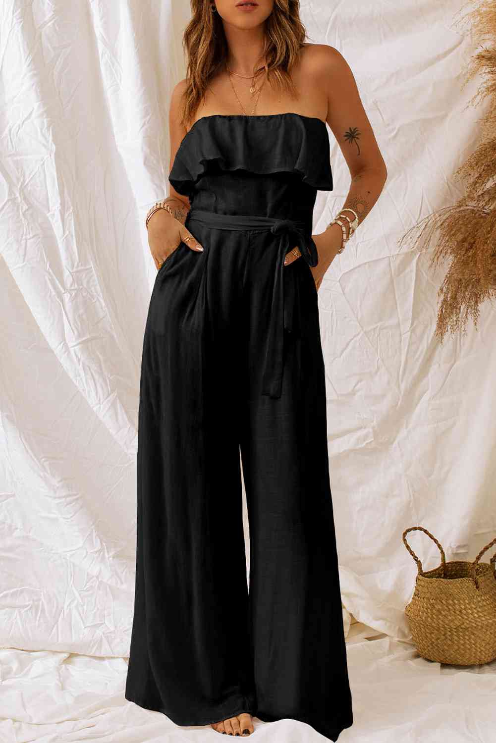 Tie-Waist Ruffled Strapless Wide Leg Jumpsuit (2 Variants)