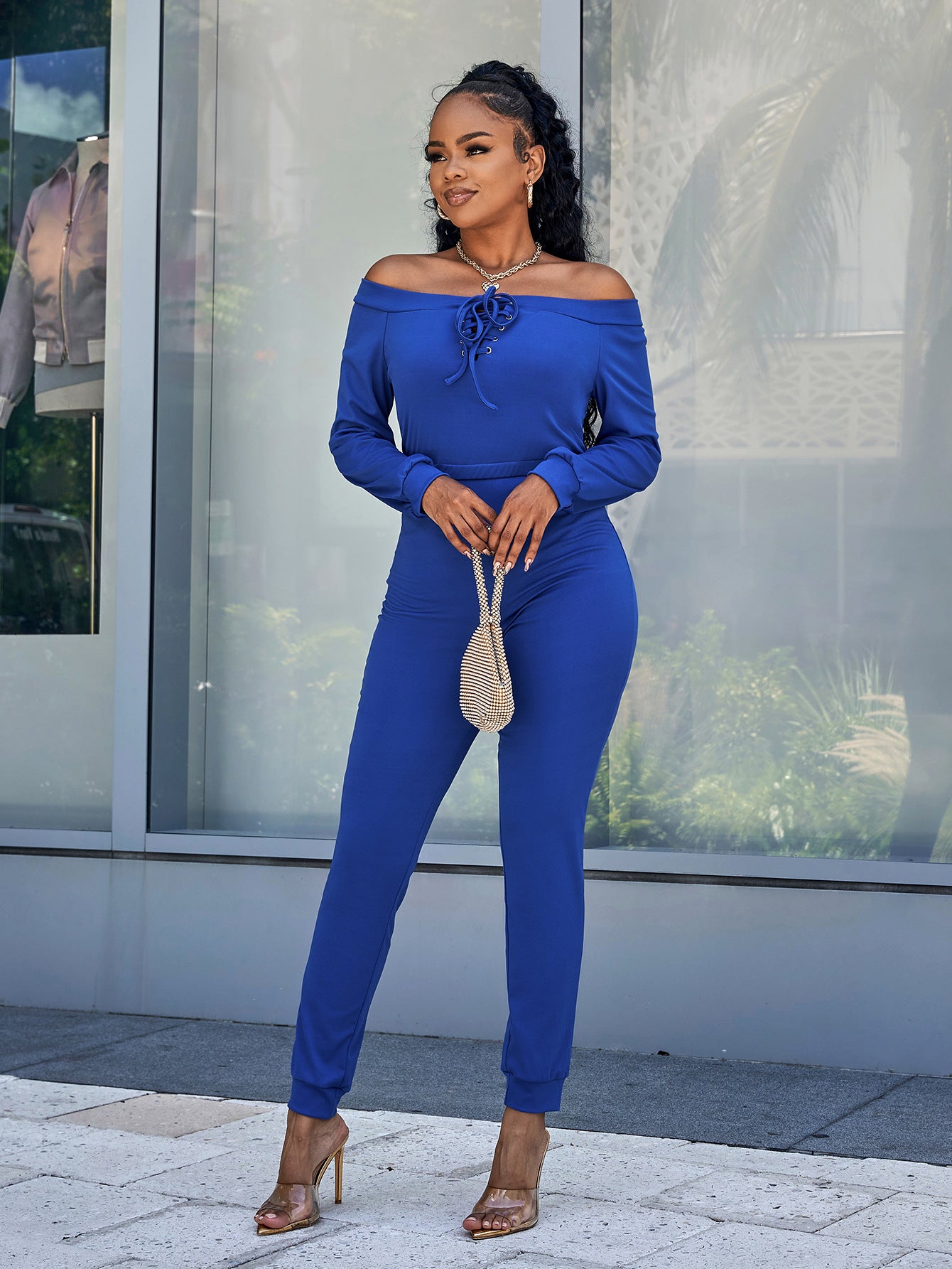 Lace-Up Off-Shoulder Long Sleeve Jumpsuit (3 Variants)