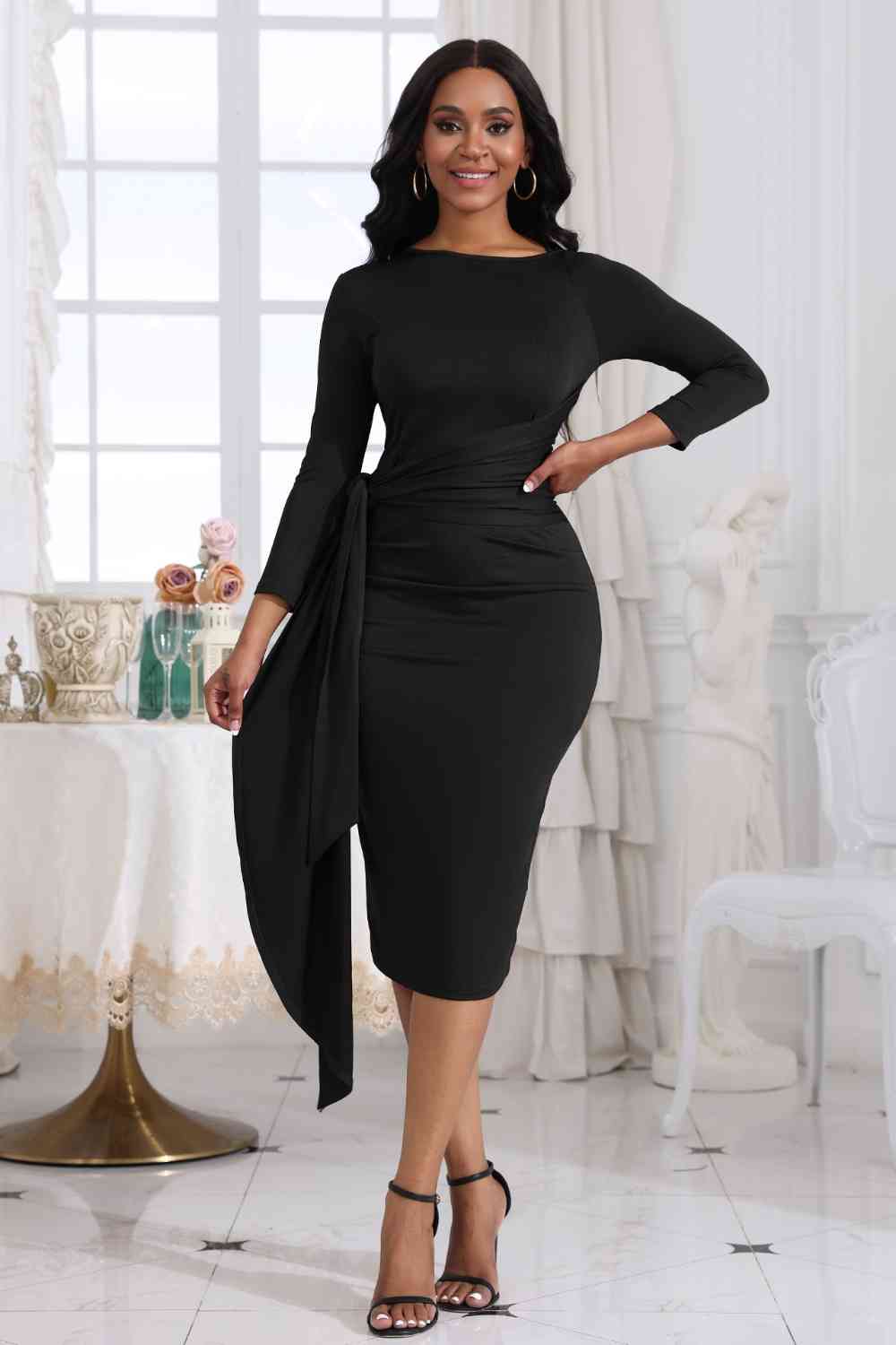 Tie Detail Round Neck Midi Dress (3 Variants)