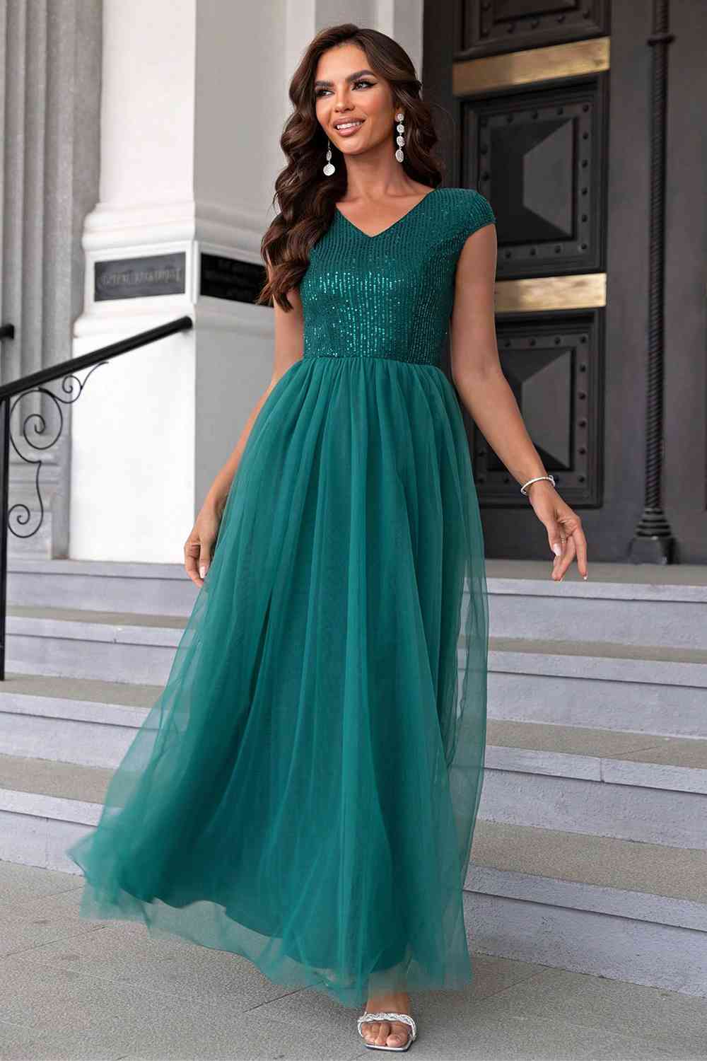 Belle of the Ball Sequin V-Neck Mesh Maxi Dress (5 Variants)