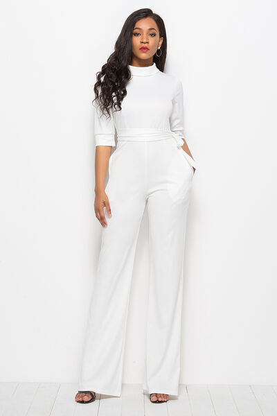 Mock Neck Tie-Waist Half Sleeve Jumpsuit (7 Variants)