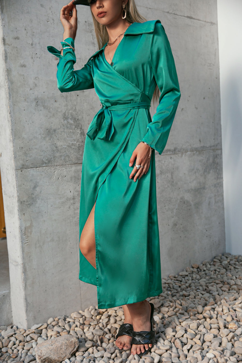 Statement Collar Wrap Midi Dress