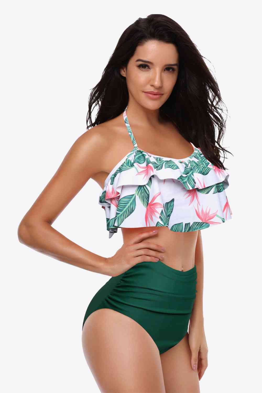 Two-Tone Ruffled Halter Neck Two-Piece Swimsuit (12 Variants)