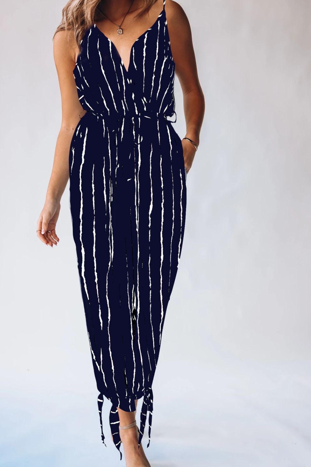 Striped Contrast Tie Ankle Spaghetti Strap Jumpsuit (2 Variants)