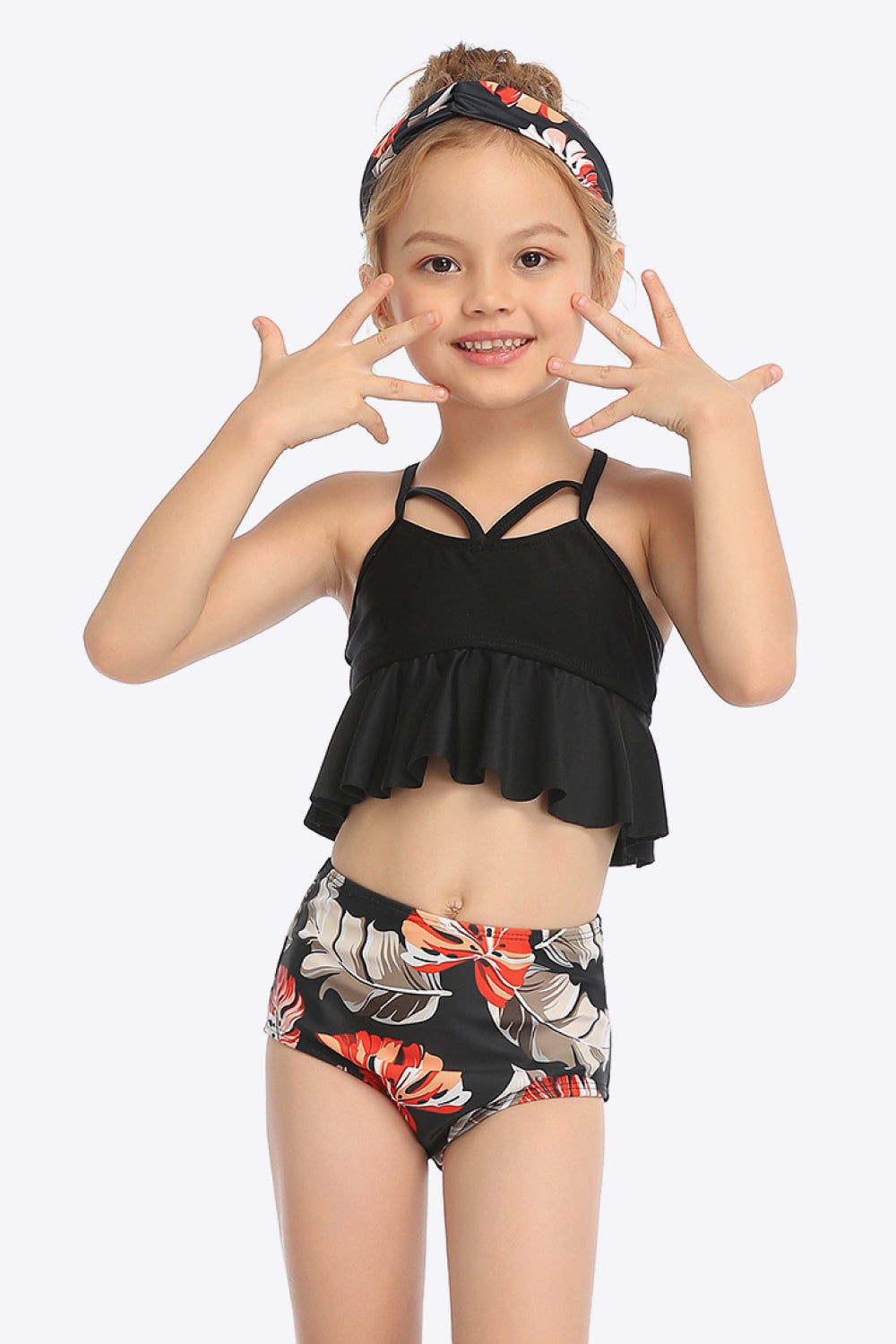 Girls Botanical Print Crisscross Ruffled Two-Piece Swim Set