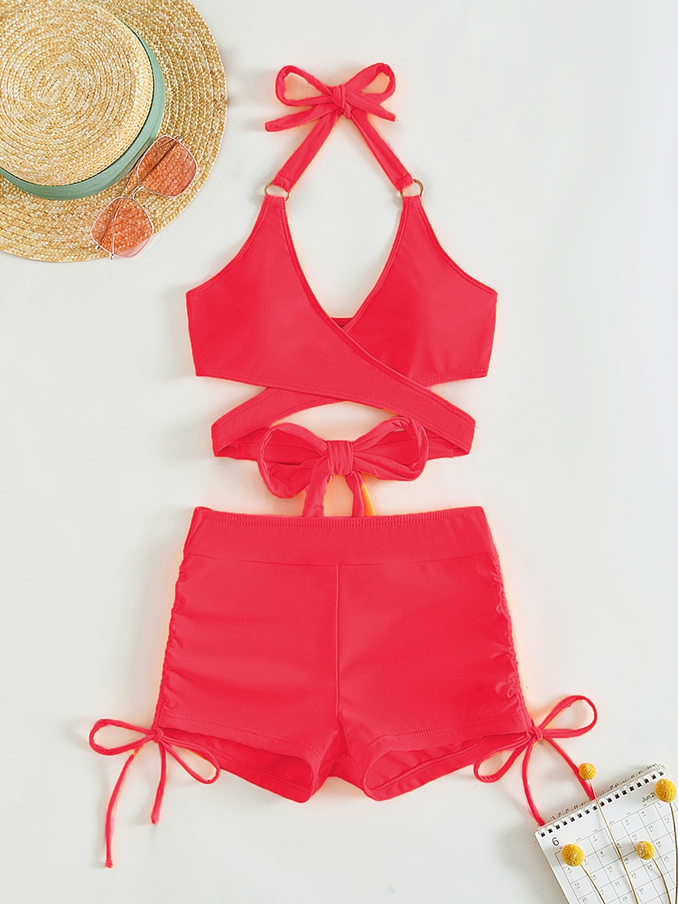 Crisscross Tied Top and Drawstring Shorts Swim Set (4 Variants)