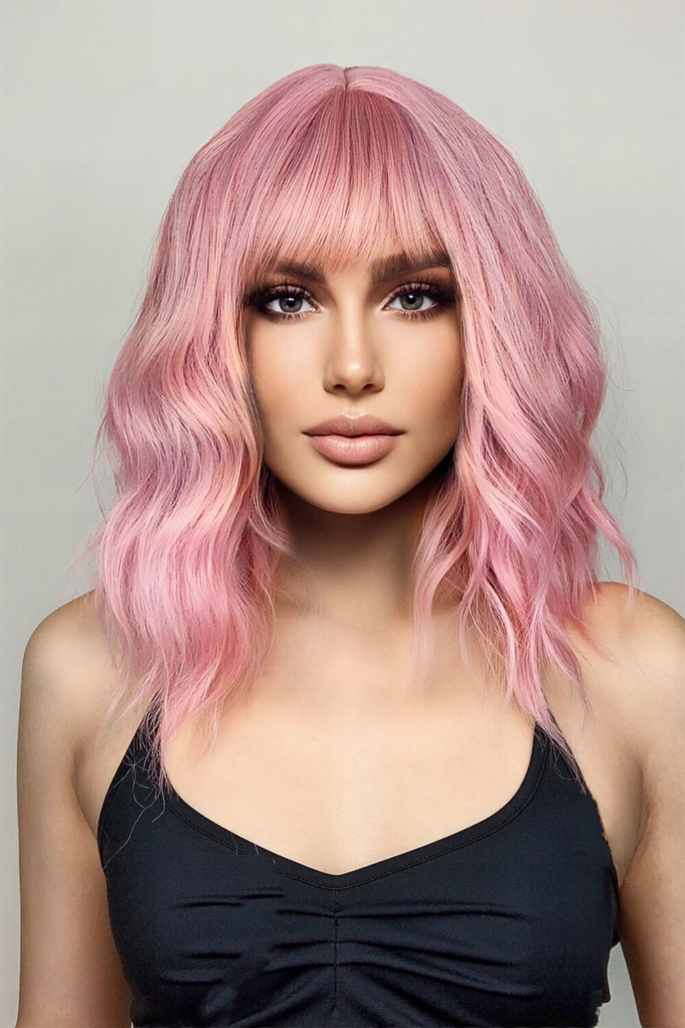 12" Pink / Copper Beach Wave Synthetic Wig With Bangs