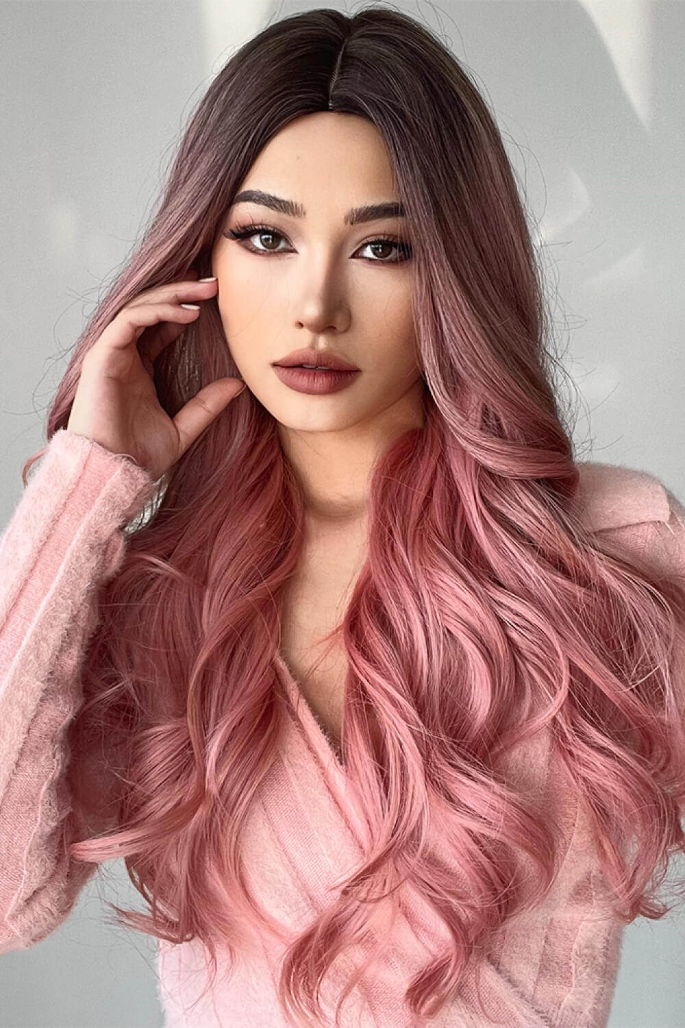 26" Long Pink/Black Ombre Synthetic Body Wave Wig