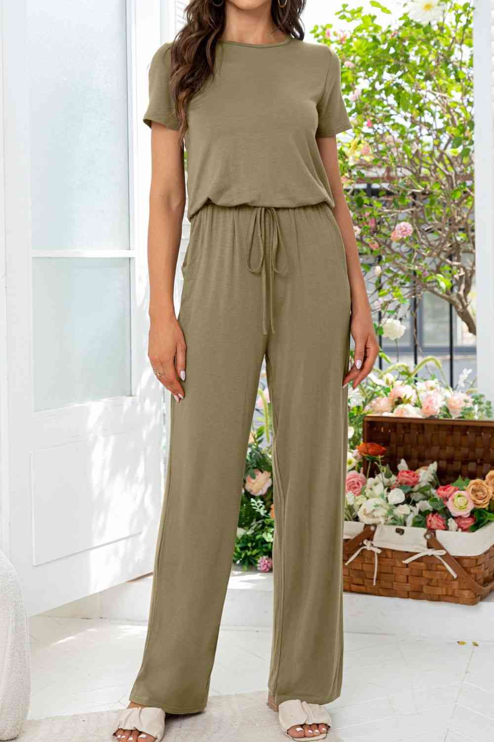 Round Neck Open Back Jumpsuit with Pockets (3 Variants)