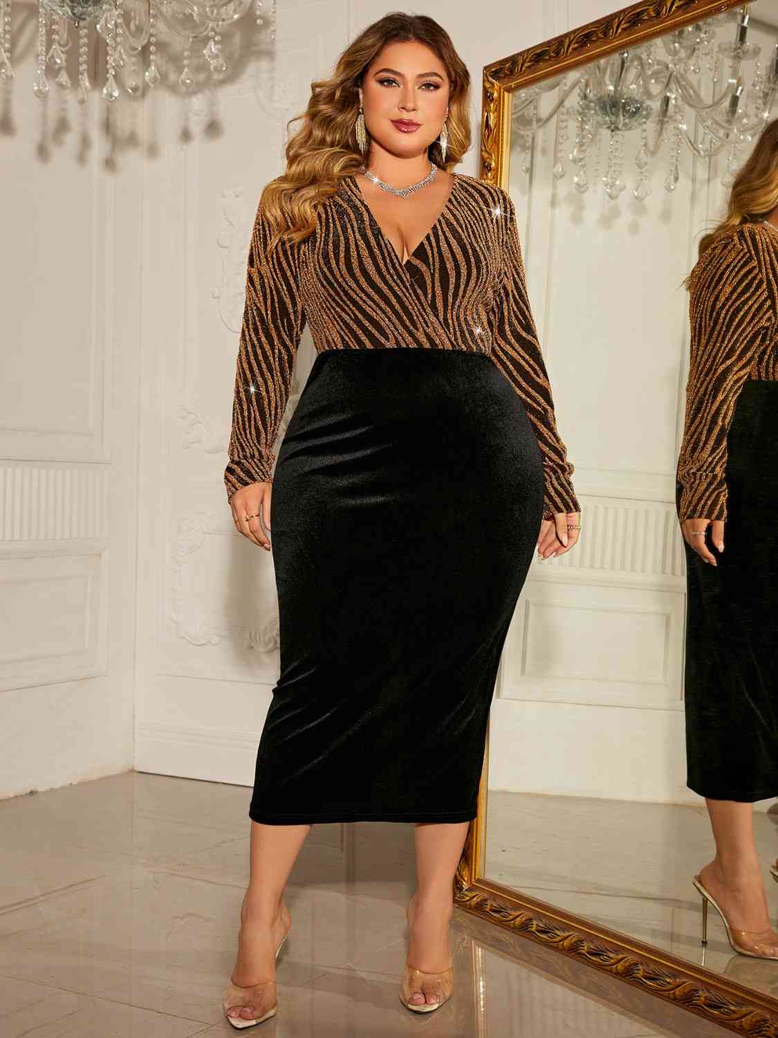 Plus Size Tiger Vibes V-Neck Long Sleeve Slit Dress