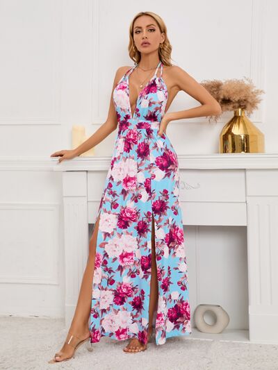 Slit Backless Printed Halter Neck Dress (2 Variants)