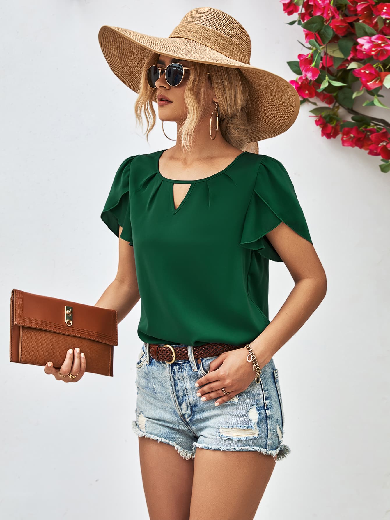 Cutout Round Neck Petal Sleeve Blouse (2 Variants)