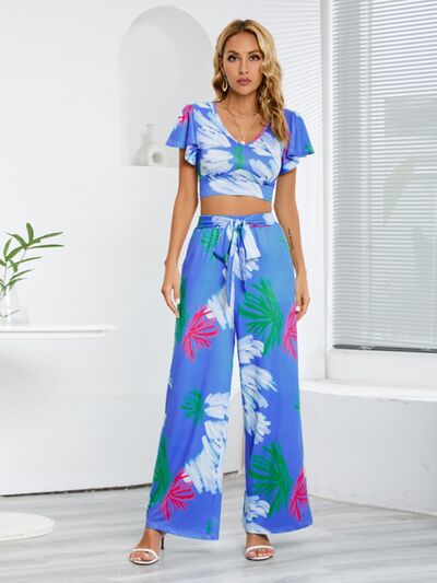 Tropical V-Neck Top & Tied Pants Set (3 Variants)