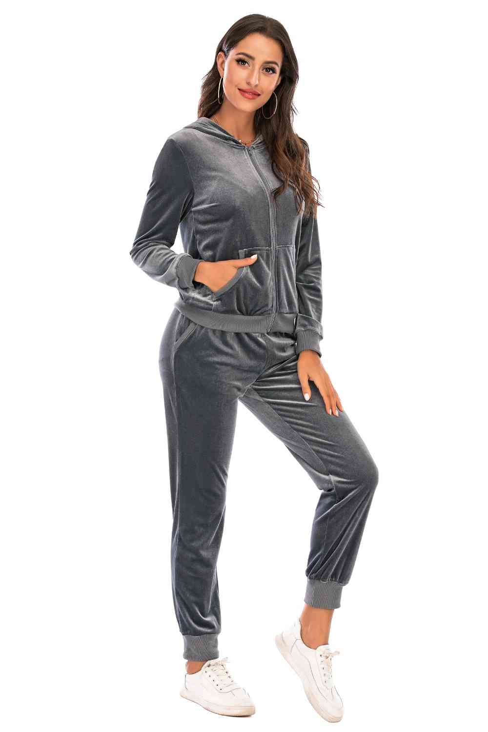 Velour Styled Zip-Up Hoodie and Pants Set