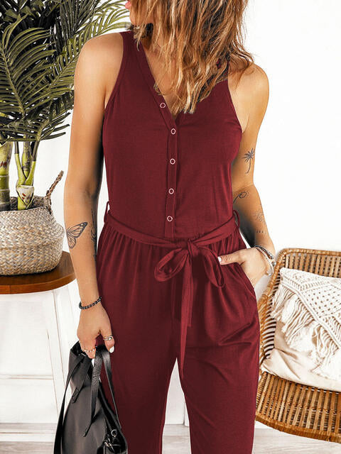 Full Size Tie Waist Sleeveless Jumpsuit with Pockets (5 Variants)