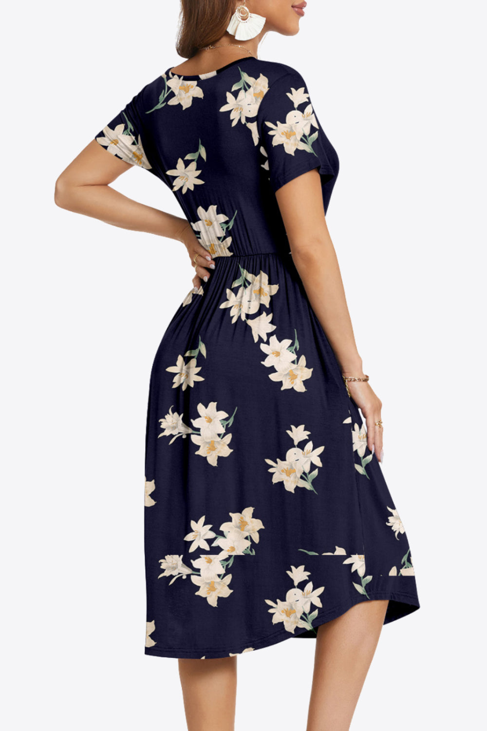 Printed Surplice Neck Short Sleeve Dress with Pockets