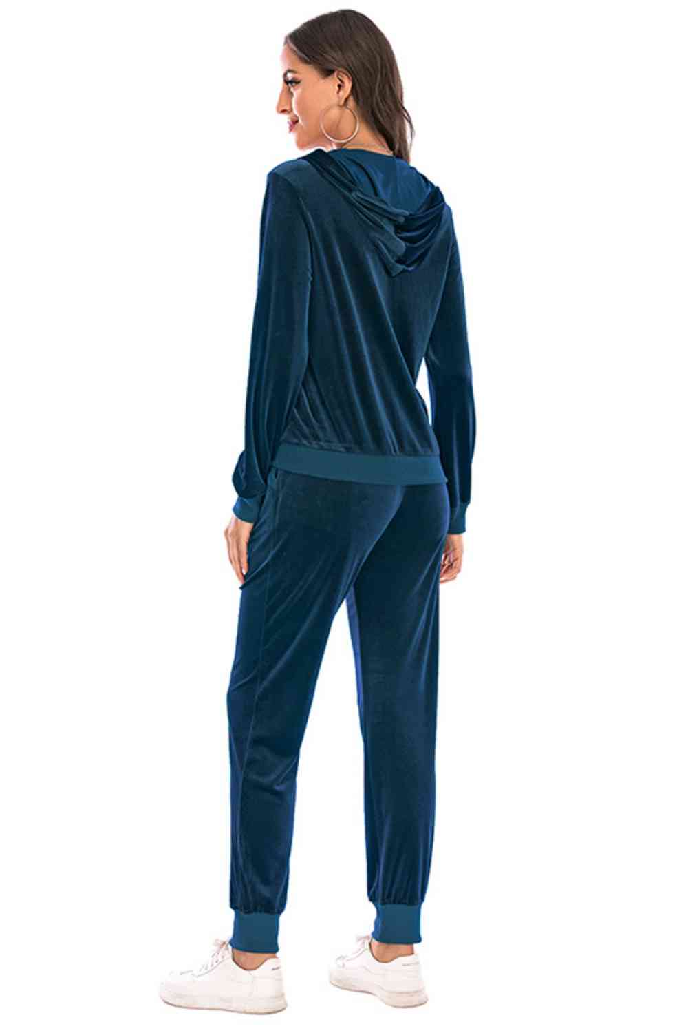 Velour Styled Zip-Up Hoodie and Pants Set