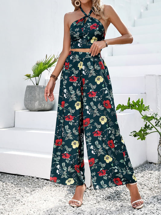 Floral Halter Neck Top and Wide Leg Pants Set