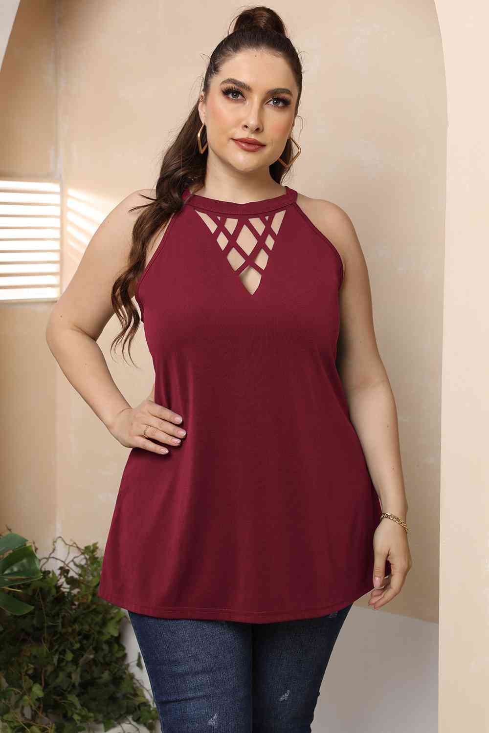 Plus Size Halter Neck Cutout Sleeveless Top (4 Variants)