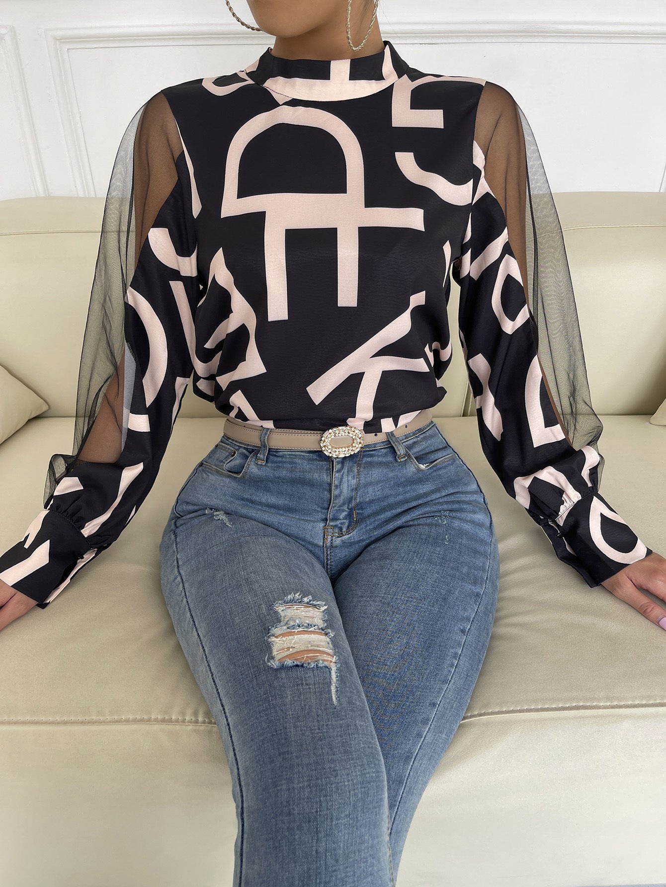 Letter Spliced Mesh Sleeve Blouse