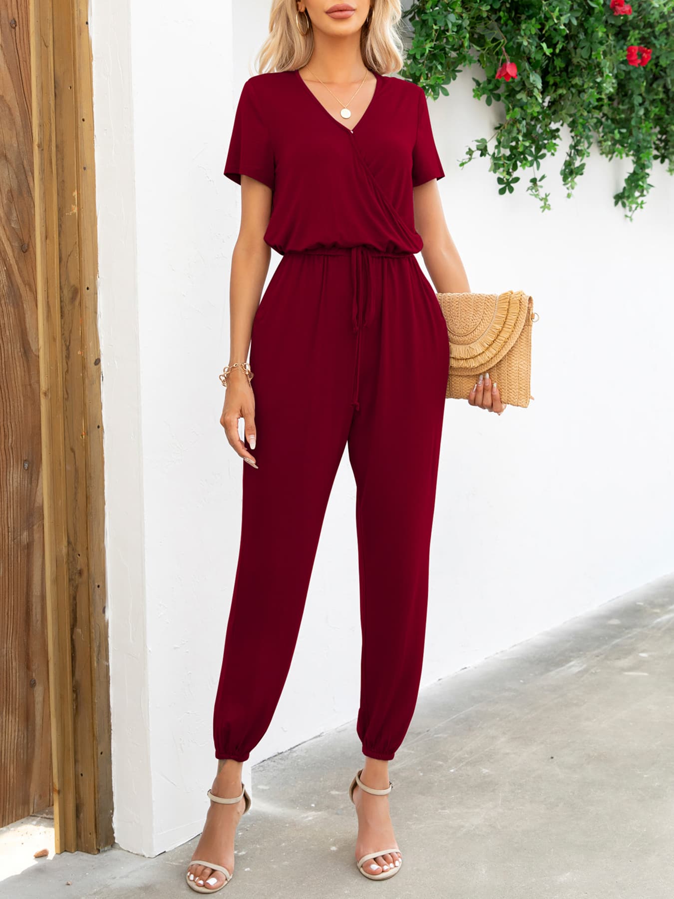 Short Sleeve V-Neck Jumpsuit with Pockets (6 Variants)