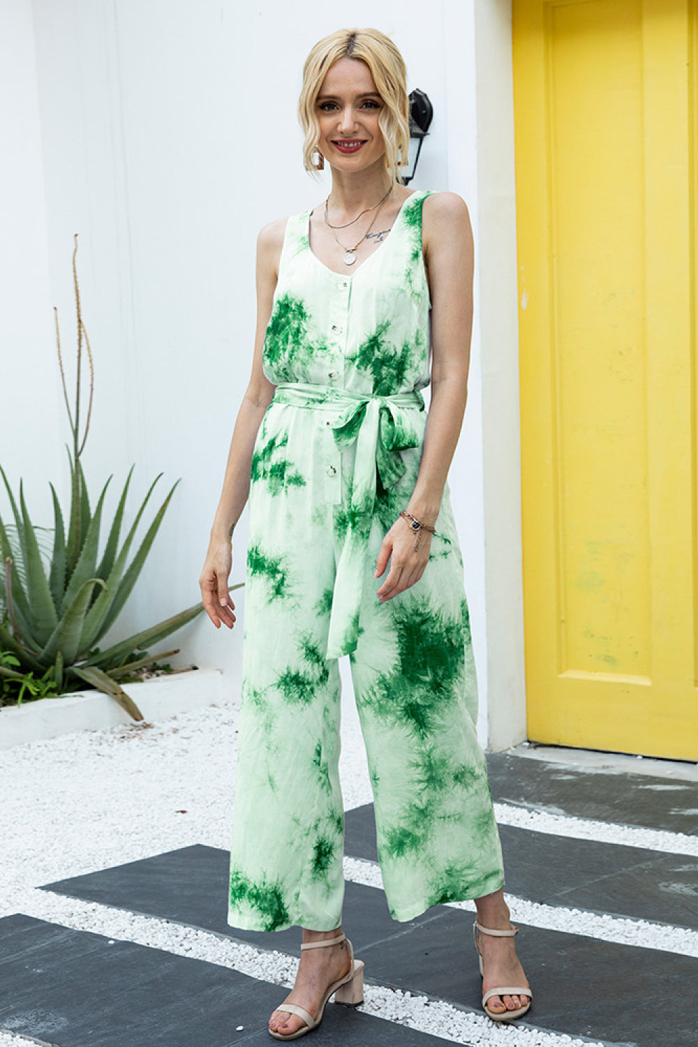 Tie-Dye Button Up Belt Jumpsuit