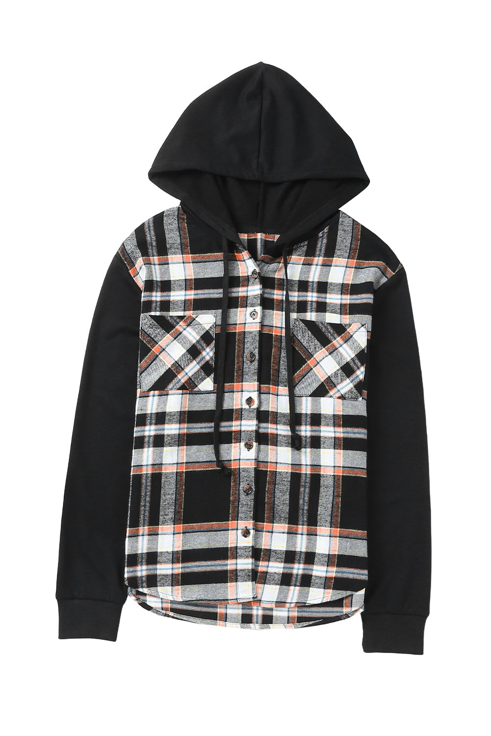 Plaid Drawstring Button Front Hooded Jacket