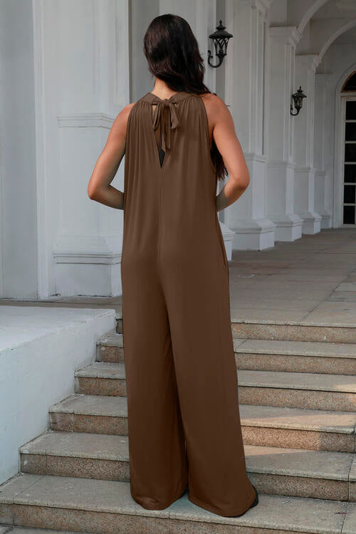 Double Take Full Size Tie Back Cutout Sleeveless Jumpsuit (3 Variants)