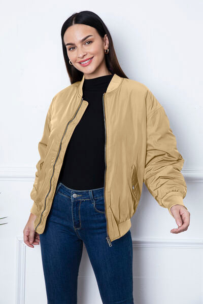 Ruched Zip Up Dropped Shoulder Jacket