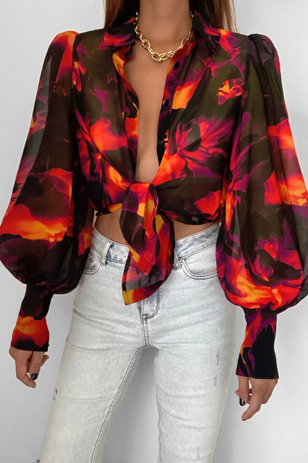 Double Take Flower Print Collared Neck Lantern Sleeve Shirt