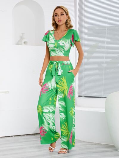 Tropical V-Neck Top & Tied Pants Set (3 Variants)