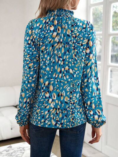 Cutout Printed Mock Neck Balloon Sleeve Blouse