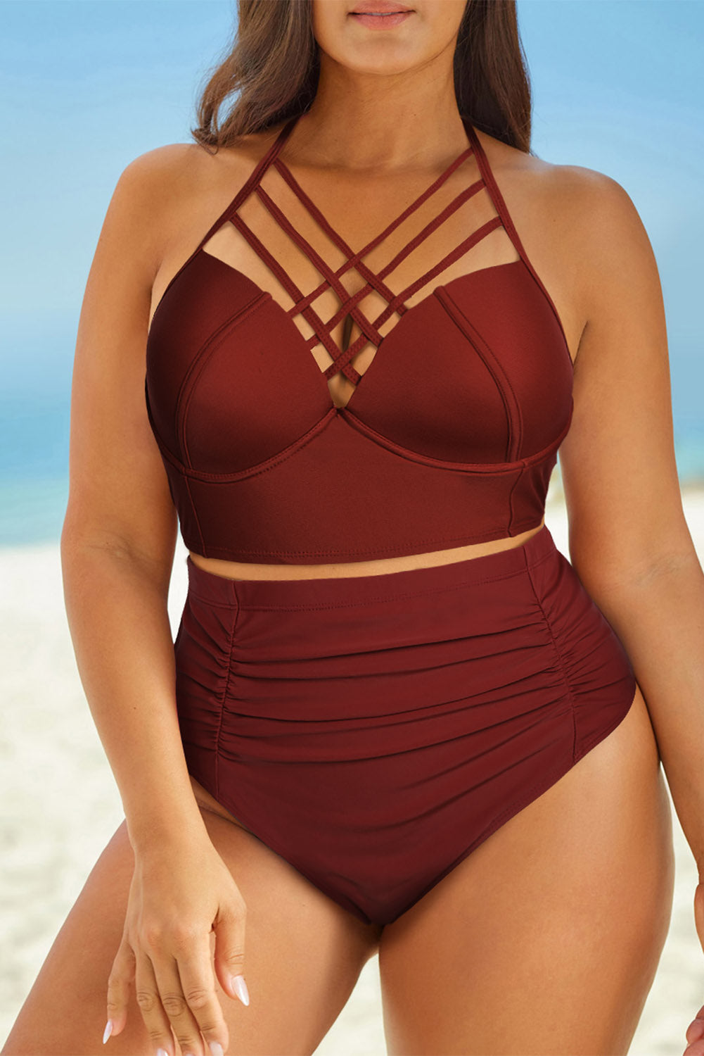 Halter Neck Crisscross Ruched Two-Piece Swimsuit (2 Variants)