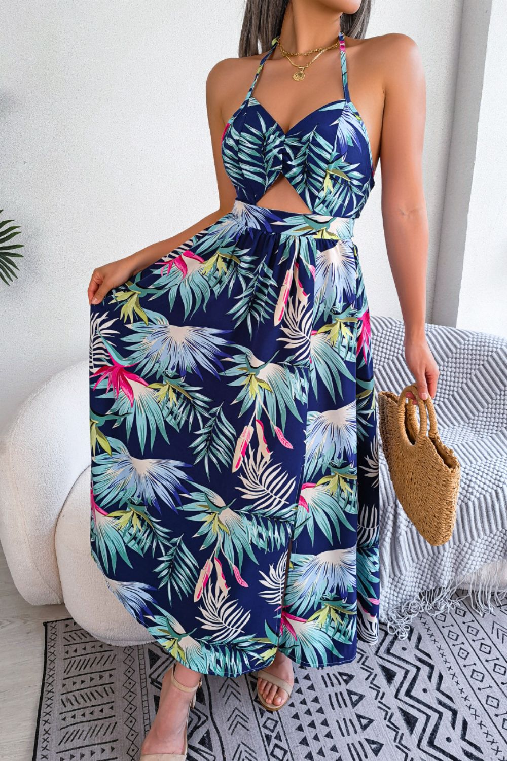 Botanical Print Tied Backless Cutout Slit Dress (3 Variants)