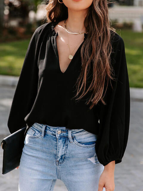 Notched Neck Long Sleeve Blouse